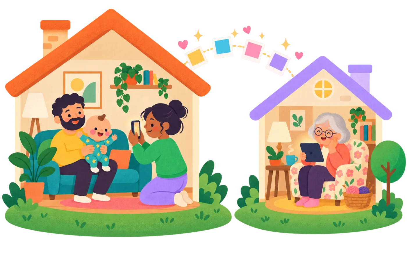 A family photographs their baby at home while Grandma smiles at the same photo on her tablet in her own house