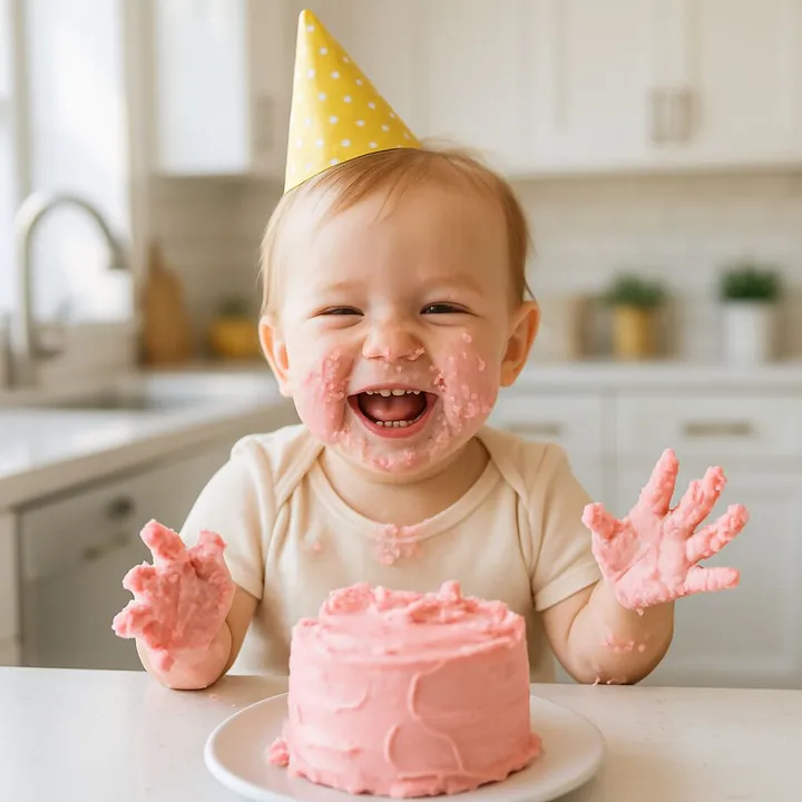 A one-year-old with pink frosting on their face and hands, sitting in front of a birthday cake